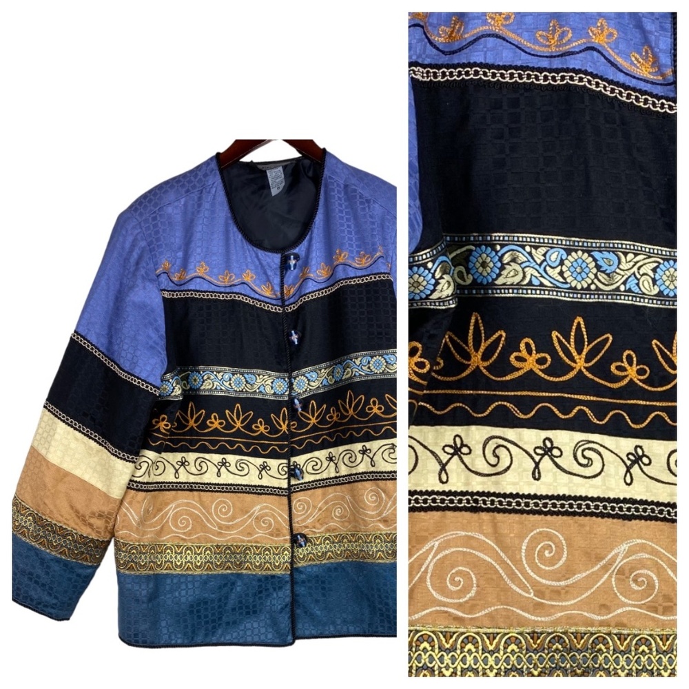 Indigo Moon 1X 16 18 Jacket Coat Art to Wear Striped Floral Black Gold Purple